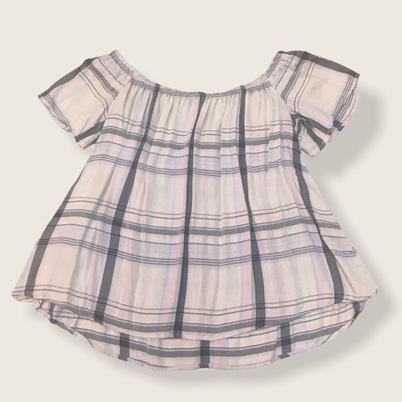 EXPRESS Off-The Shoulder Plaid Flutter Sleeve Top - Picture 5 of 7